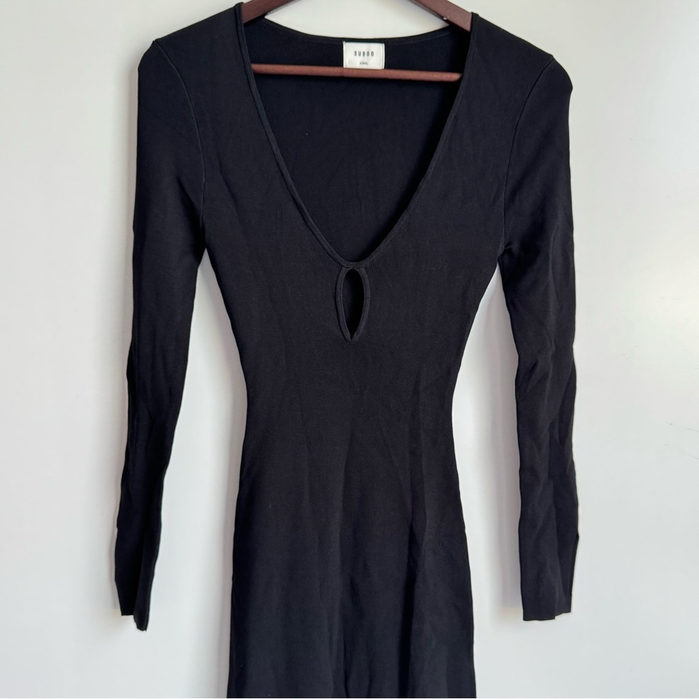 SUBOO‎ Anthropologie XS Black Knit Maxi Dress Key Hole Long Sleeve ASO Deep V